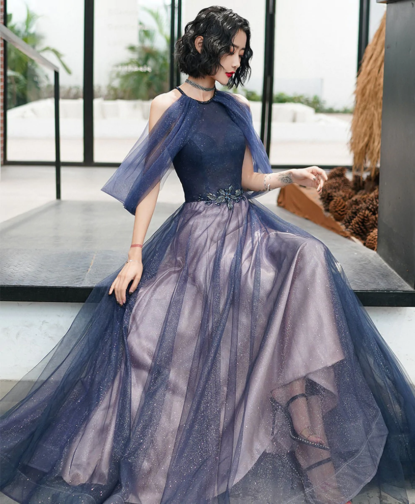 Elegant Halter Tulle Blue Prom Dress With Layers, Long Formal Evening Dresses GJS745