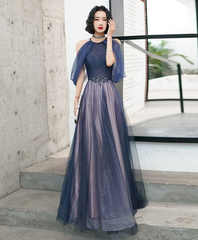 A-line Halter Tulle Floor Length Prom Dress, Blue Long Party Dresses