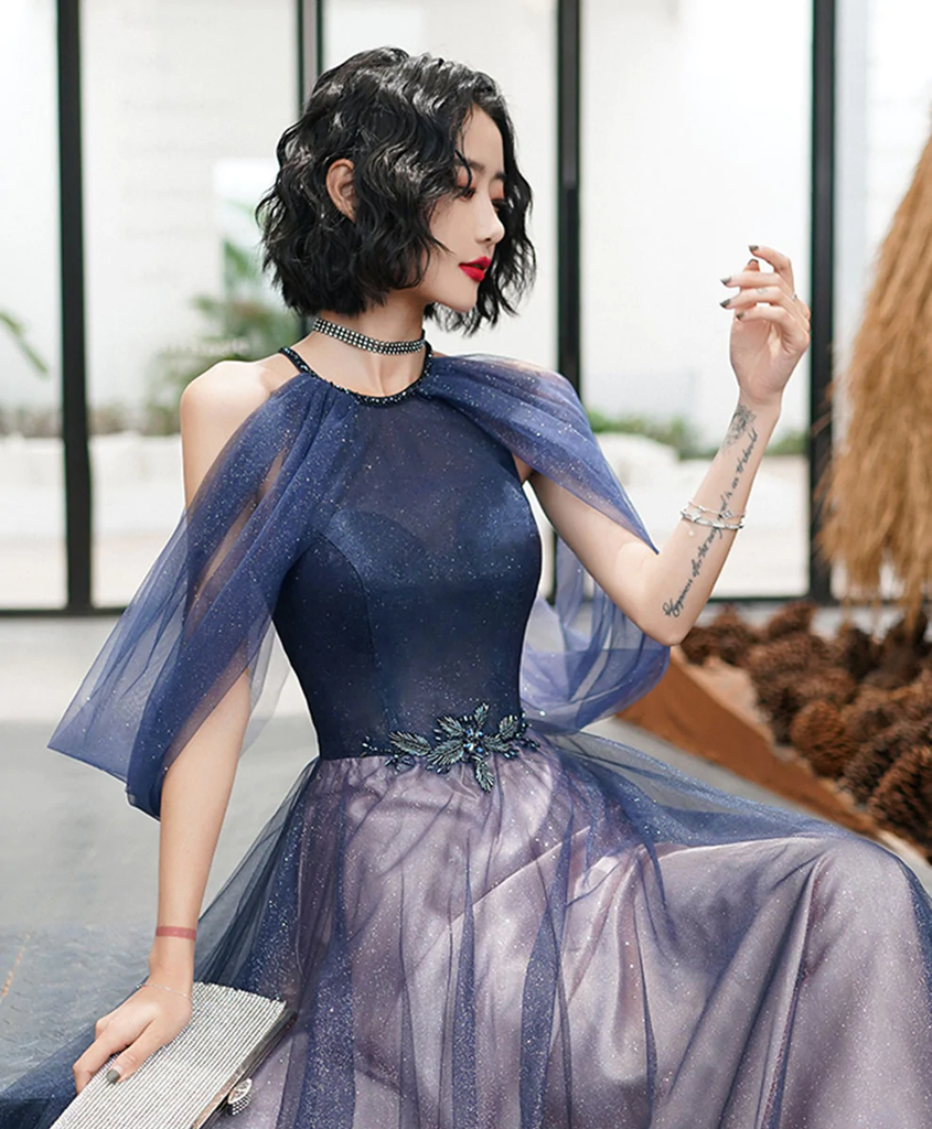 Pretty A line Halter Navy Blue Floor Length Evening Dress Tulle Prom Dresses With Embroidered P2387 main image 0