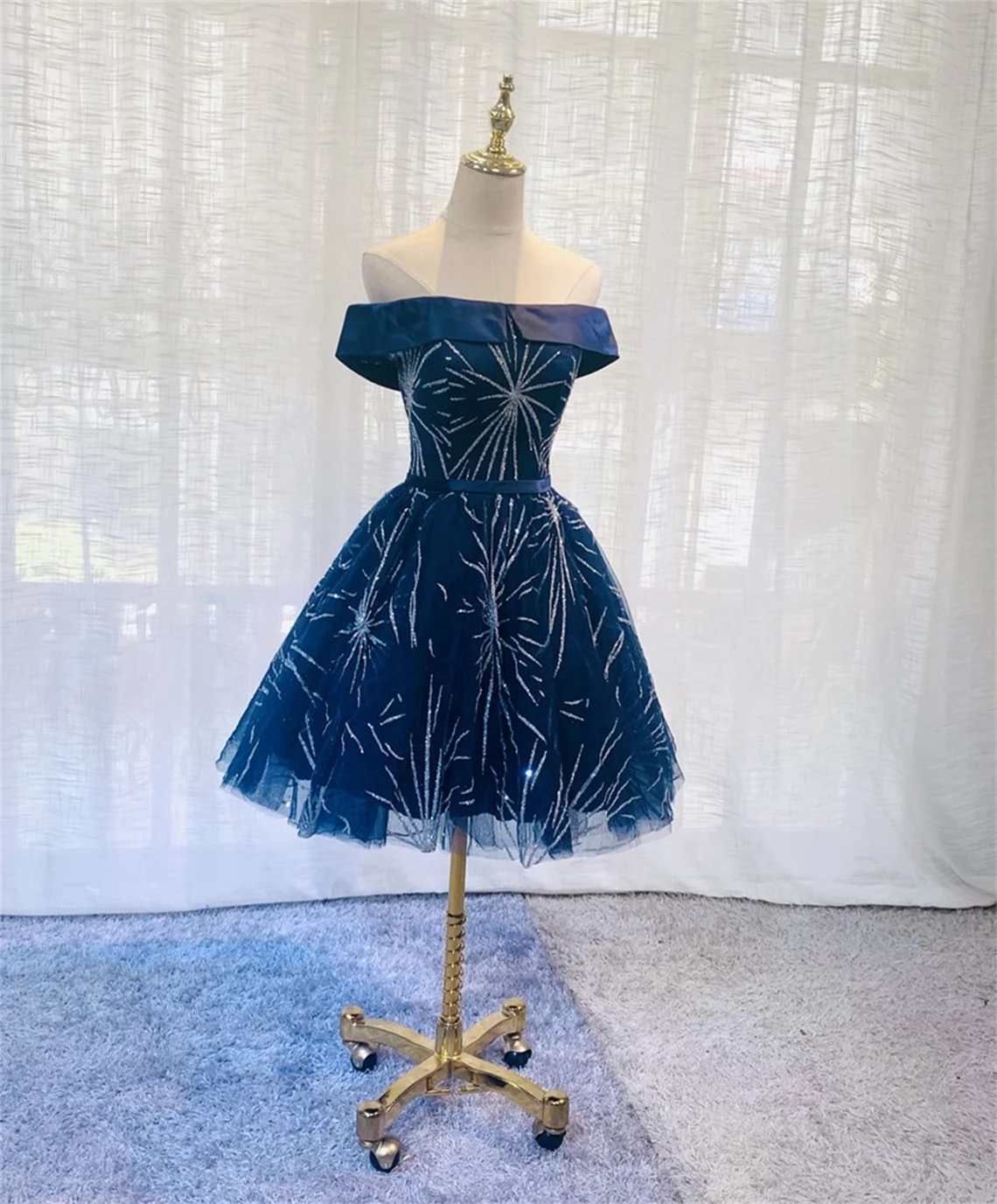 Cute Navy Blue Tulle Short Homecoming Dress, Blue Off Shoulder Prom Dress Cute Navy Blue Tulle Short Homecoming Dress, Blue Off Shoulder Prom Dress