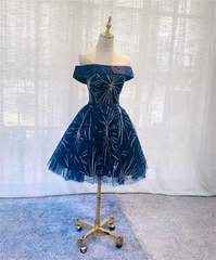 Cute Navy Blue Tulle Short Homecoming Dress, Blue Off Shoulder Prom Dress