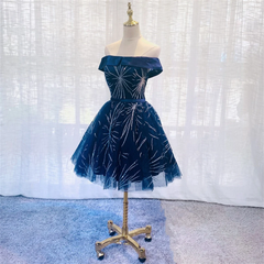Cute Navy Blue Tulle Short Homecoming Dress, Blue Off Shoulder Prom Dress