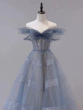 Cute Sweetheart Off Shoulder Layers Tulle Long Evening Dress, Blue Formal Dress