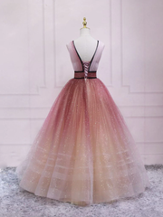 Lovely Tulle Gradient V-neckline Long Party Dress, Layers Tulle Junior Prom Dress