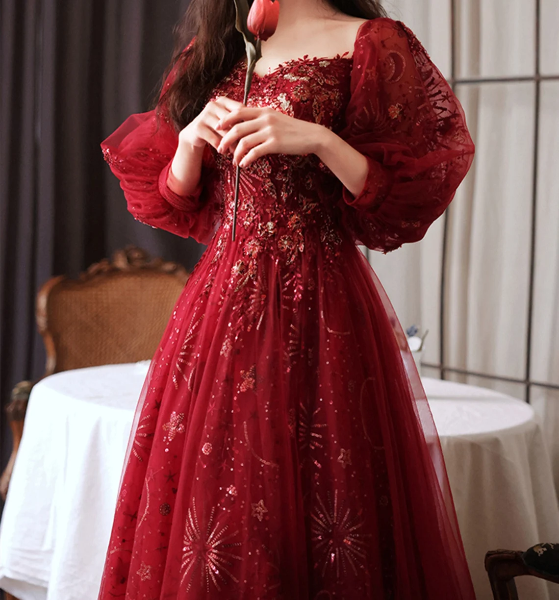 Burgundy Fitted Long Sleeves Evening Ball Gown – Sultan Dress