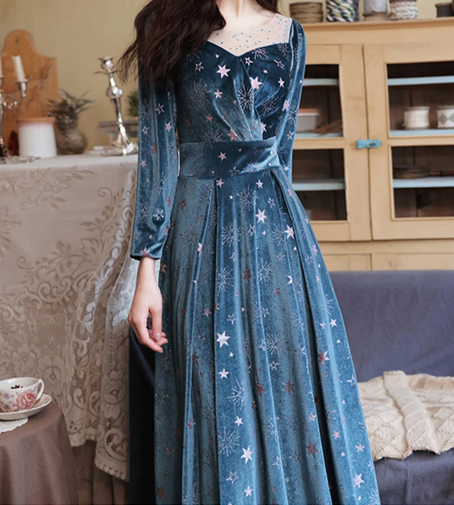 Blue Velvet Prom Dress A-line Evening Dress,Long Sleeves Prom Party Dr
