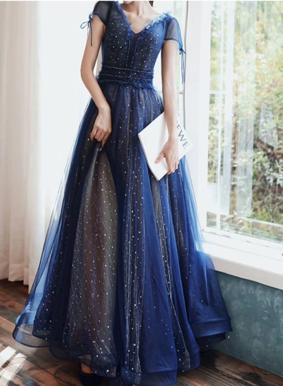 A-line Tulle Navy Blue Long Evening Dress, V Neck Banquet Dress Short Sleeve Party Dresses