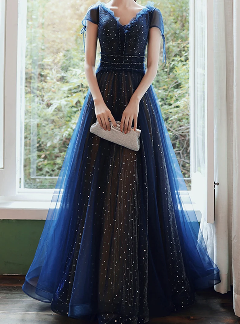 A-line Tulle Navy Blue Long Evening Dress, V Neck Banquet Dress Short Cutedressy A-line Tulle Navy Blue Long Evening Dress, V Neck Banquet Dress Short Cutedressy