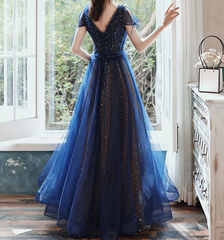 A-line Tulle Navy Blue Long Evening Dress, V Neck Banquet Dress Short Sleeve Party Dresses