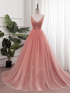 Pink V-neckline Beaded Tulle Long Formal Dresses, Dark Pink Junior Prom Dresses