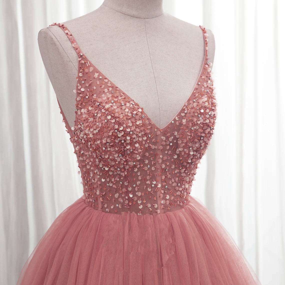 Pink V-neckline Beaded Tulle Long Formal Dresses, Dark Pink Junior Pro Cutedressy Pink V-neckline Beaded Tulle Long Formal Dresses, Dark Pink Junior Pro Cutedressy