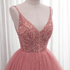 Pink V-neckline Beaded Tulle Long Formal Dresses, Dark Pink Junior Prom Dresses
