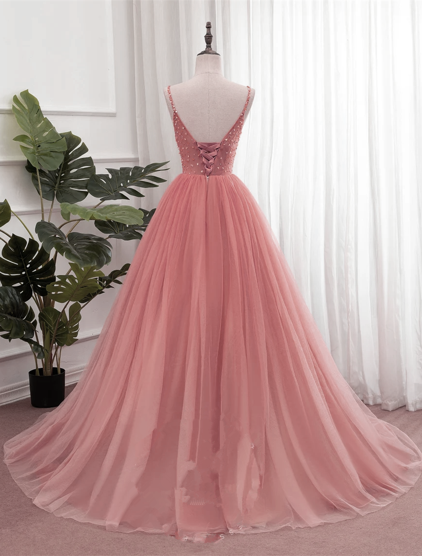 Pink V-neckline Beaded Tulle Long Formal Dresses, Dark Pink Junior Pro Cutedressy Pink V-neckline Beaded Tulle Long Formal Dresses, Dark Pink Junior Pro Cutedressy