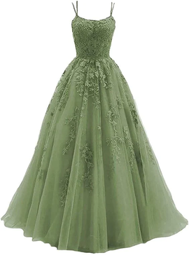 Green Lace Applique Tulle Long Straps Cross Back Long Party Dress, Green Junior Prom Dress