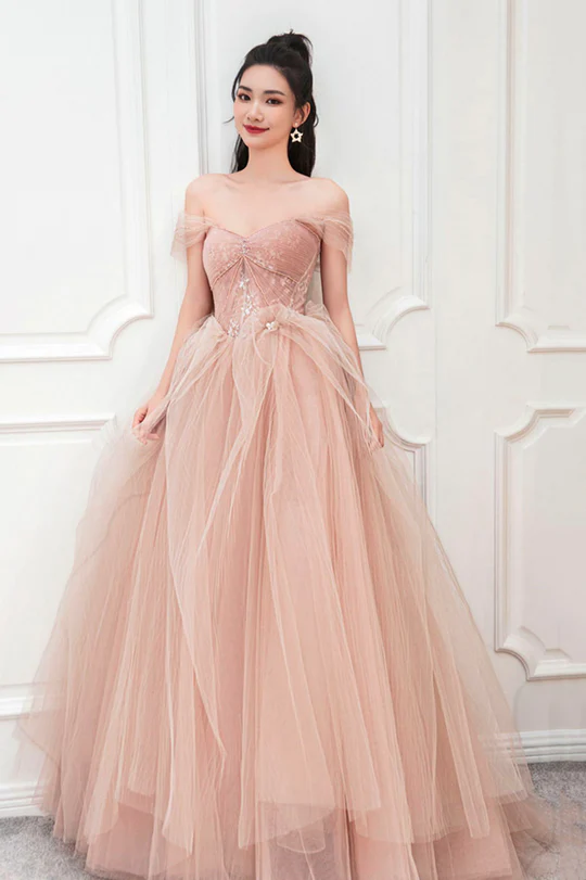 Pink Sweetheart with Lace Beaded Tulle Junior Prom Dress, Pink Long Fo Cutedressy Pink Sweetheart with Lace Beaded Tulle Junior Prom Dress, Pink Long Fo Cutedressy