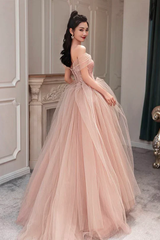 Pink Sweetheart with Lace Beaded Tulle Junior Prom Dress, Pink Long Formal Dresses