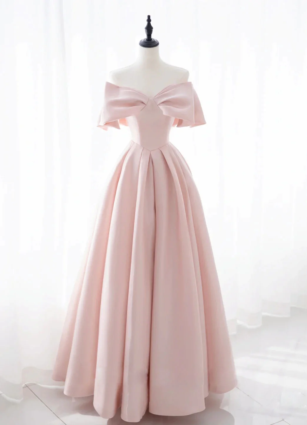 Pink Satin Simple A-line Floor Length Evening Party Dress, Pink Junior Prom Dresses