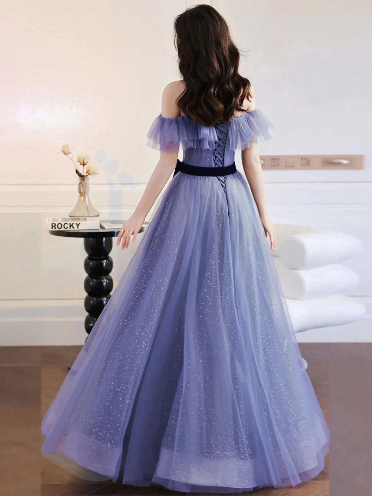 Light Purple Tulle Off Shoulder Long Formal Dress with Bow, A-line Evening Gown