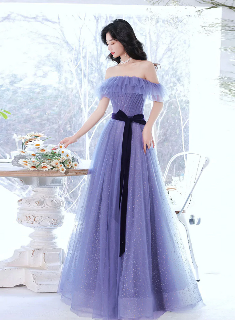 Tulle Off Shoulder Long Prom Dress, Tulle A line Evening Dress main image 1
