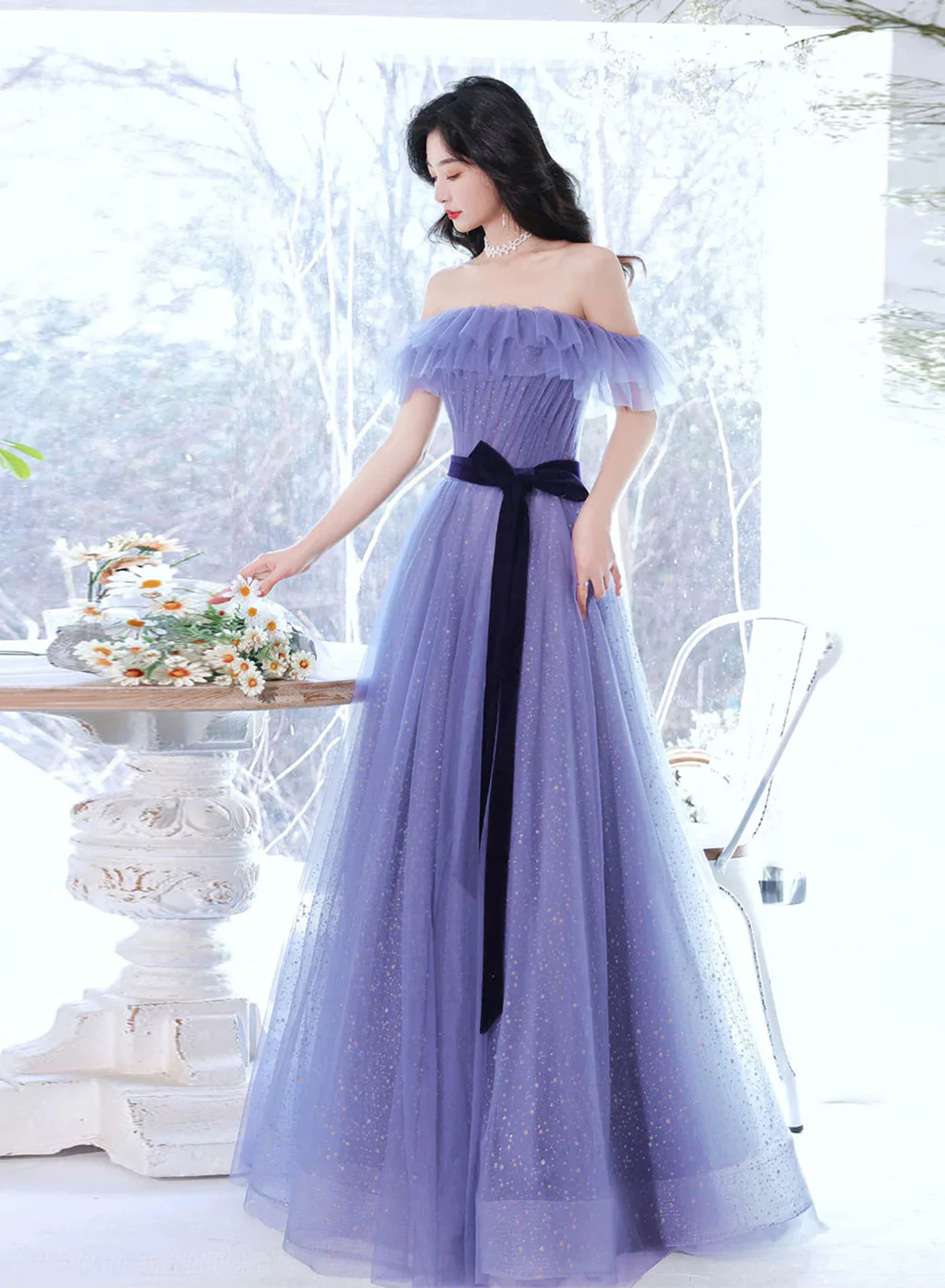 Light Purple Tulle Off Shoulder Long Formal Dress with Bow, A-line Evening Gown