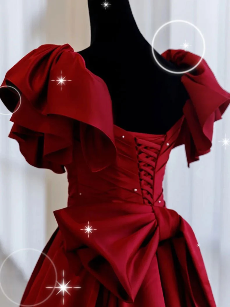 Burgundy Short Sleeves Floor Length Long Evening Dresses Y1031
