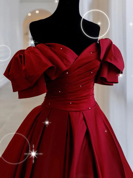 Burgundy Satin Short Sleeves Long Formal Dress, Burgundy Floor Length Prom Dress
