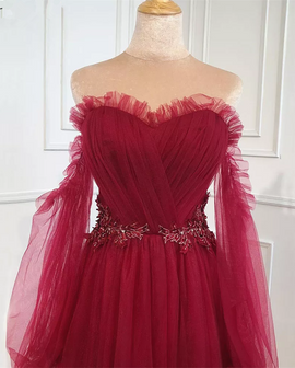 Wine Red Sweetheart Beaded Off Shoulder Party Dress, Wine Red Bridesmaid Dress
