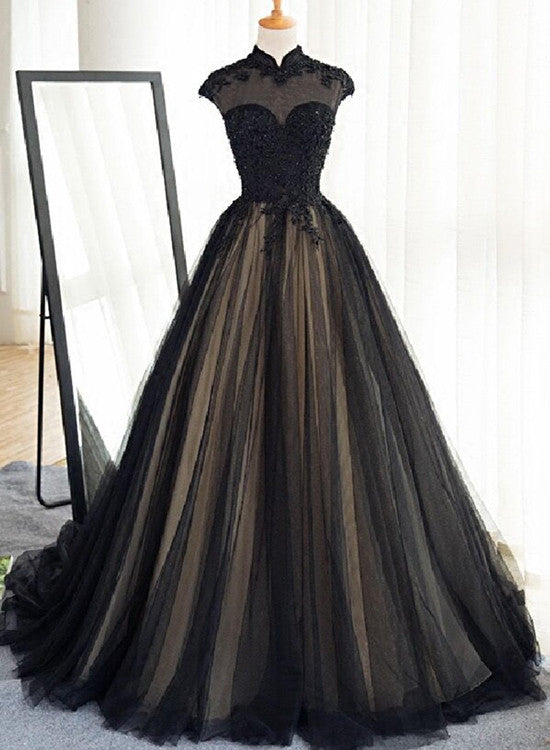 Black and Champagne High Neckline Cap Sleeves Long Formal Gowns, Black Party Dress, Long Prom Dress