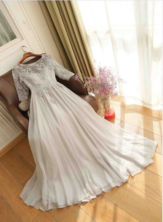 Light Grey Beautiful Applique Long Chiffon Wedding Party Dress, Cute Backless Formal Gown
