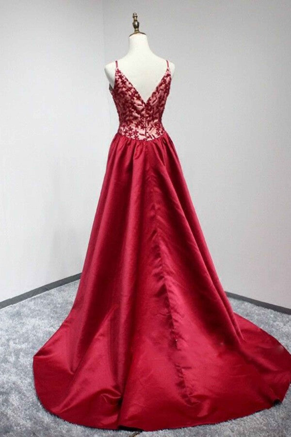Red Satin V-neckline Straps Lace Applique Long Prom Dress , Red Formal Gowns