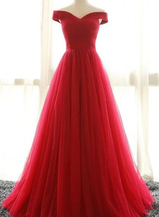 Red Prom Dresses , Charming Off Shoulder Tulle A-line Party Dresses, Evening Gown