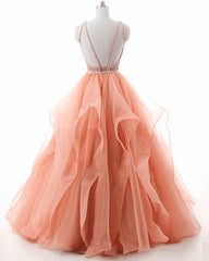 Beautiful Organza Puffy Open Back Prom Dresses, Organza Formal Gowns