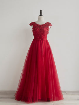 Red Cap Sleeves Lace Top and Tulle Long Bridesmaid Dresses, A-line Red Evening Dresses