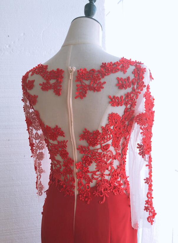 Red Satin Round Neckline Party Dress with Lace Applique, Red Formal Gown Evening Dress