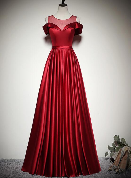 Red Satin Simple A-line Off Shoulder Long Party Dress, Red Evening Dress Prom Dress
