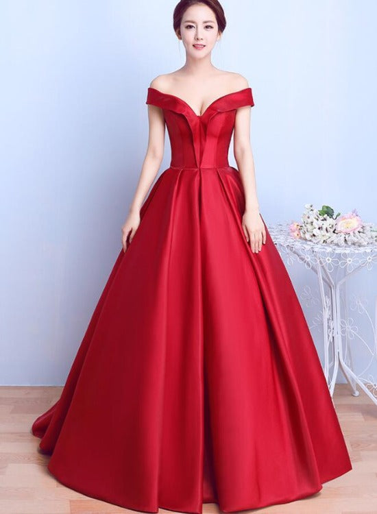 Red Satin Sweetheart Off Shoulder Long Formal Dress Evening Gown, Red Long Ball Gown Party Dress