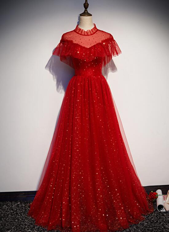 Red Sequins Tulle High Neckline Long Shiny Prom Dress, Red Long Evening Dress Party Dress