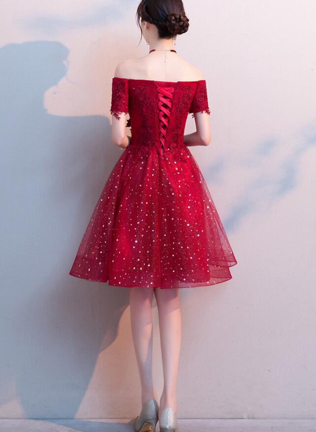 short hoco dresses red Red Shiny Tulle and Satin Off Shoulder Short Homecoming Dress, Red Pro – Cutedressy