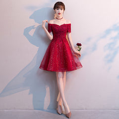 Red Shiny Tulle and Satin Off Shoulder Short Homecoming Dress, Red Prom Dress