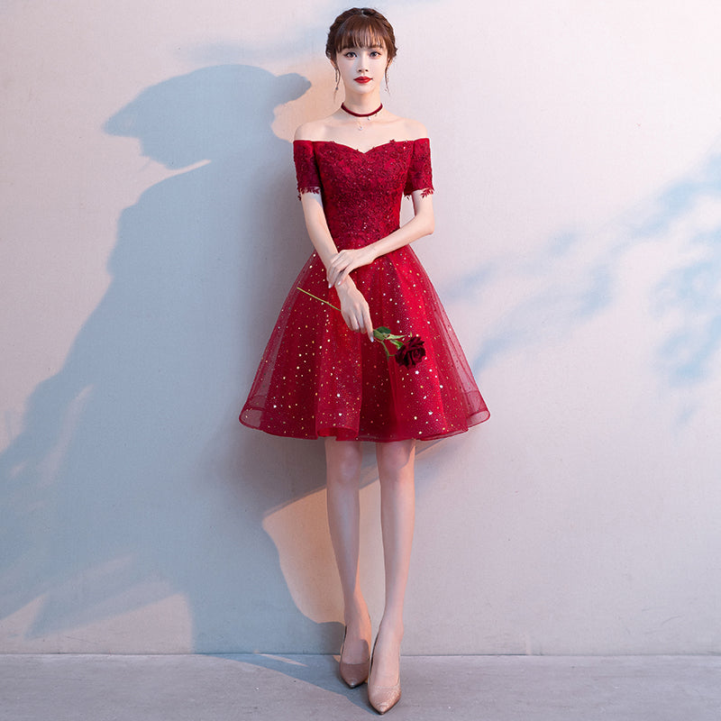 Off the Shoulder Red Satin Short Prom Homecoming Dress GJS710 main image 1