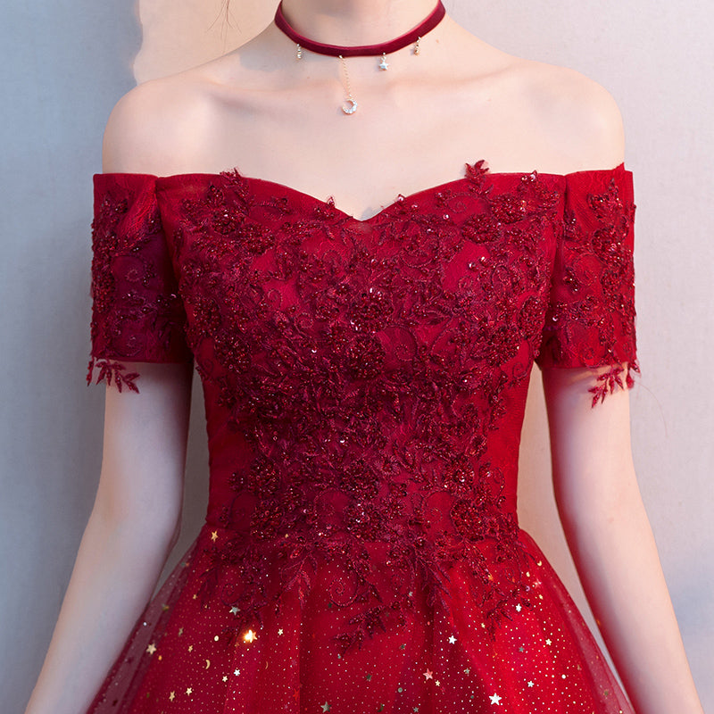 Red Shiny Tulle and Satin Off Shoulder Short Homecoming Dress, Red Pro Cutedressy Red Shiny Tulle and Satin Off Shoulder Short Homecoming Dress, Red Pro Cutedressy