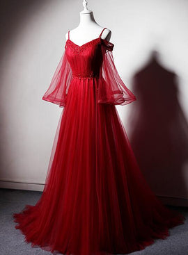 Red Tulle Beautiful Beaded Straps Long Party Dress, Red Off Shoulder Long Sleeves Formal Dress