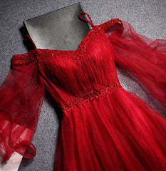 Red Tulle Beautiful Beaded Straps Long Party Dress, Red Off Shoulder Long Sleeves Formal Dress
