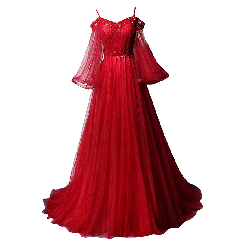 Red Tulle Beautiful Beaded Straps Long Party Dress, Red Off Shoulder Long Sleeves Formal Dress