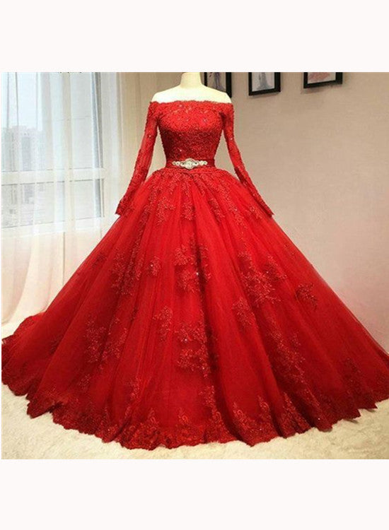 Red Tulle Long Sleeve Quinceanera Dresses Lace Appliques Puffy Tulle Ball Gown Prom Dresss Party Dress
