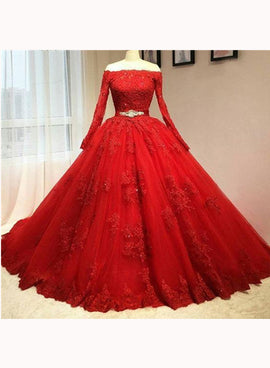 Red Tulle Long Sleeve Quinceanera Dresses Lace Appliques Puffy Tulle Ball Gown Prom Dresss Party Dress