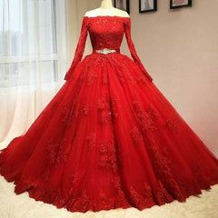 Red Tulle Long Sleeve Quinceanera Dresses Lace Appliques Puffy Tulle Ball Gown Prom Dresss Party Dress