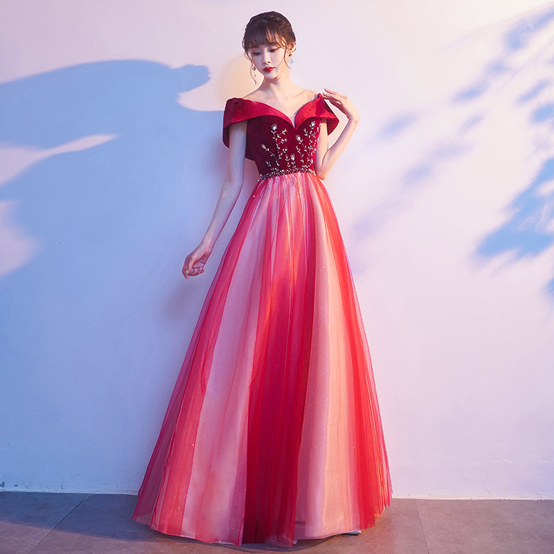 Red Tulle Velvet Top Beaded Off Shoulder Long Party Dress, A-line Red Cutedressy Red Tulle Velvet Top Beaded Off Shoulder Long Party Dress, A-line Red Cutedressy