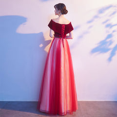 Red Tulle Velvet Top Beaded Off Shoulder Long Party Dress, A-line Red Prom Dresses