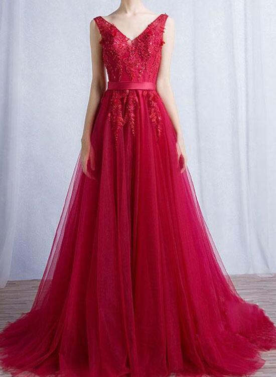 Charming Red V-neckline Tulle Dresses, Red Prom Dresses, Party Dresses  with Applique
